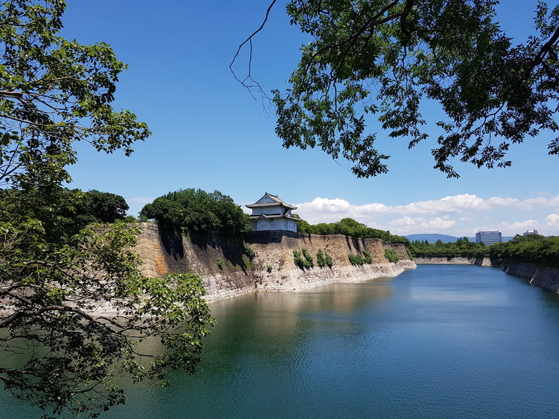 walls, Osaka Castle, reflection, sky, building, river, religion, nature, architecture, blue, history, outdoors, built structure, water, scenics - nature