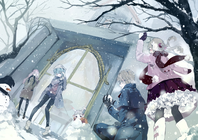 Pantyhose, Tian Tian Meng Wuyu, Short Hair, Boy, Tree, Blonde, Girl, 1080P, Pink Hair, Snow, Scarf, Anime, Smile, Long Hair, Glove, Snowfall, Snowman