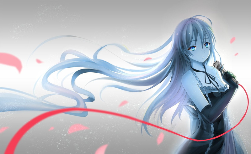 elbow, blue, microphone, yeluno, dress, braids, eyes, hair, gloves, petals, long, blonde, 720P, meng, vocaloid