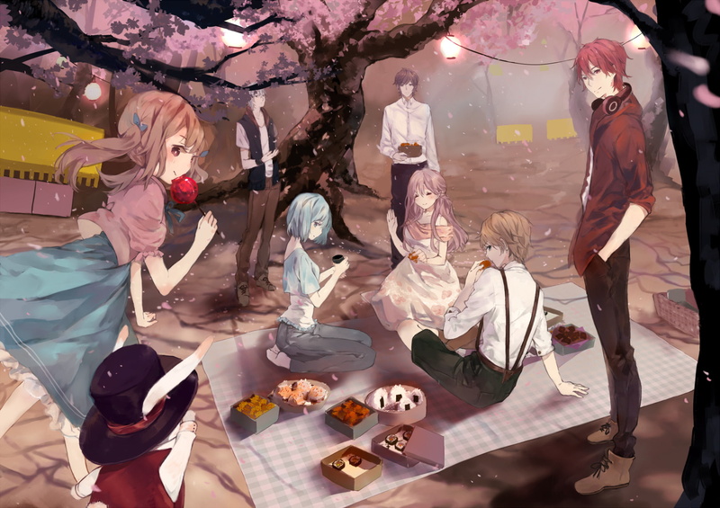 Blush, Tian Tian Meng Wuyu, 1080P, Brown Hair, Long Hair, Blue Hair, Anime, Cherry Blossom, Hat, Food, Blue Eyes, Picnic, Smile, Short Hair, Petal, Brown Eyes