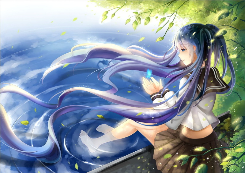 meng, leaves, vocaloid, eyes, blue, barefoot, twintails, miku, seifuku, water, hair, 720P, yeluno, long, hatsune, butterfly