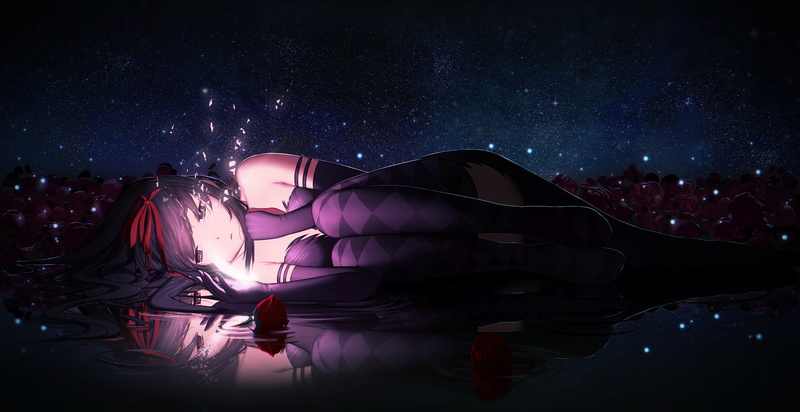 Girl, Homura Akemi, Anime, Puella Magi Madoka Magica, 1080P, Thigh Highs, Lying Down, Glow