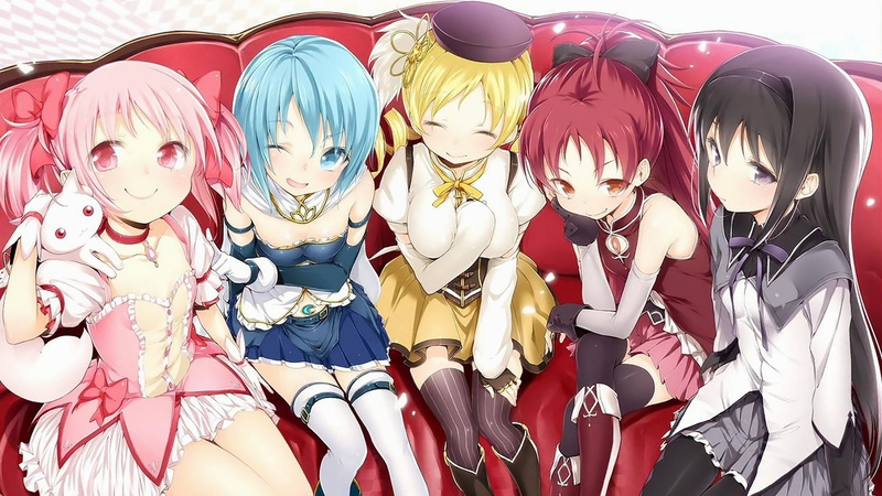 Skirt, 1080P, Thigh Highs, Boots, Smile, Puella Magi Madoka Magica, Sitting, Kyōko Sakura, Couch, Sayaka Miki, Homura Akemi, Anime, Blush, Glove, Girl