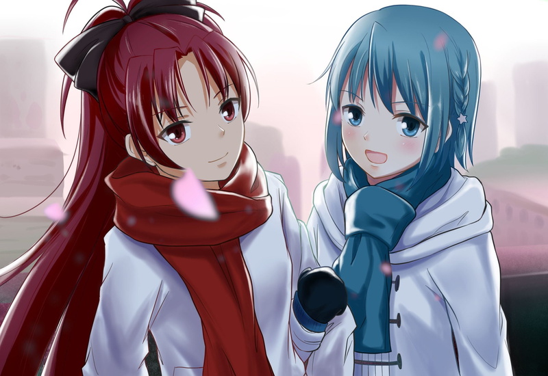 Flower, Ponytail, Girl, Puella Magi Madoka Magica, Kyōko Sakura, Red Eyes, Short Hair, 1080P, Blue Eyes, Red Hair, Long Hair, Anime, Scarf, Glove, Blue Hair