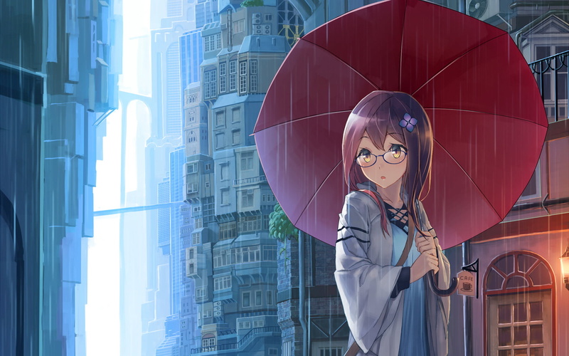 city, lifestyles, girl, standing, haired, young women, wireless technology, umbrella, anime, women, brown, glasses, umbrellas, character, building, Anime / Animated