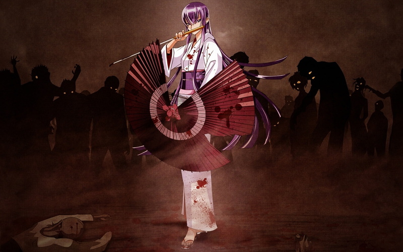 umbrellas, girls, zombies, art, 720P, japanese, umbrella, clothes, hd, dead, anime, highschool, busujima, saeko