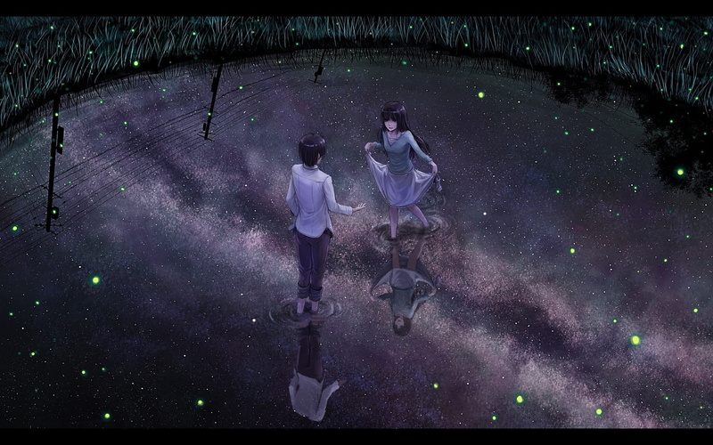 bonding, fireflies, full length, lifestyles, night, lake, men, rear view, cartoon, characters, auto post production filter, male, summer, 1080P, female