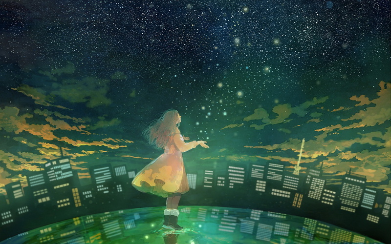 wearing, summer, one person, long hair, water, fireflies, sky, element, young adult, fashion, women, hairstyle, real people, 1080P, woman, human arm, dress