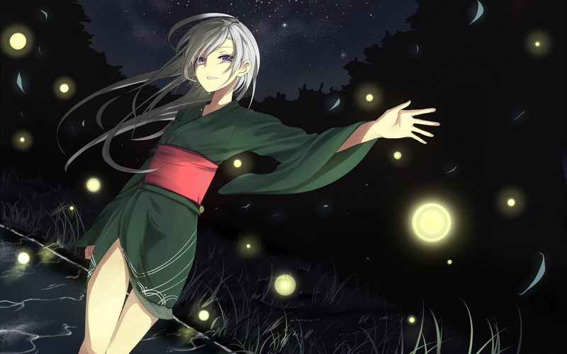 outdoors, night, blond hair, one person, glowing, green, wal, second, moon, nature, illuminated, young adult, art and craft, human representation, 1080P