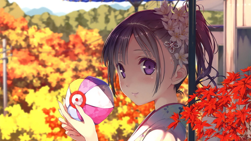 Anime, Cute, Woman, Girl, Original (Anime), Purple Eyes, Maple Leaf, Original, Ball, Japanese Clothes, 1080P