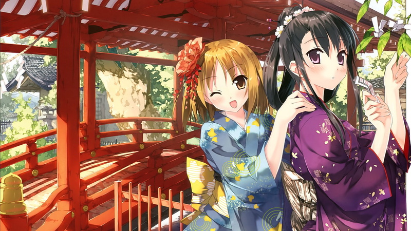 Smile, 1080P, Anime, Japanese Clothes, Short Hair, Original (Anime), Girl, Original, Cute, Long Hair, Scenic, Pretty