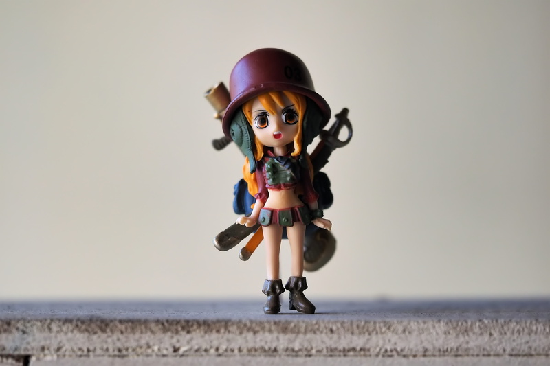 girls, series, women, one person, gear, cartoon, piece, headwear, toy, adult, japanese, front view, childhood, child, looking at camera, weapon, clothing