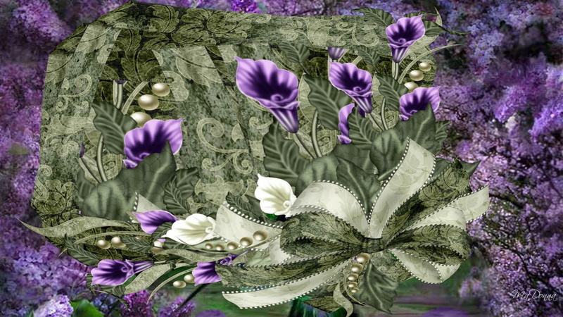 3d and abstract, 1080P, purple, ribbons, firefox persona, lace, lilies, pearls, lilacs
