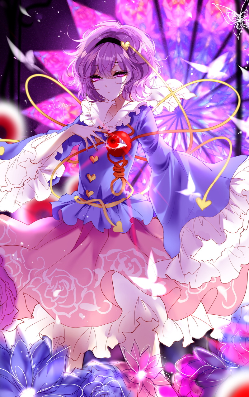 purple hair, sheya, anime girls, dress, looking at viewer, short hair, Komeiji Satori, anime, 2K, purple eyes, Touhou