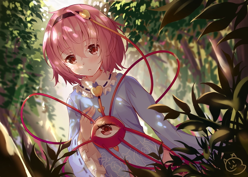 720P, no people, focus on foreground, creativity, short hair, art and craft, pink hair, disguise, day, human representation, plant, female likeness, komeiji satori