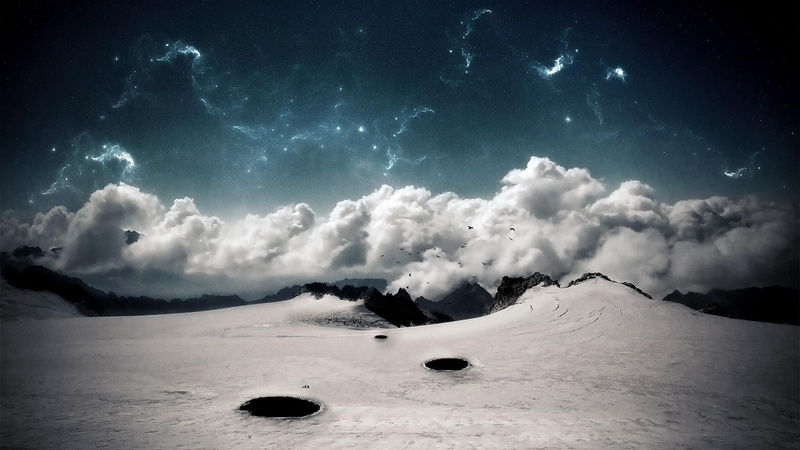 stars, space art, nature, 1080P, mountains, sky, landscape, snow, winter, clouds, digital art