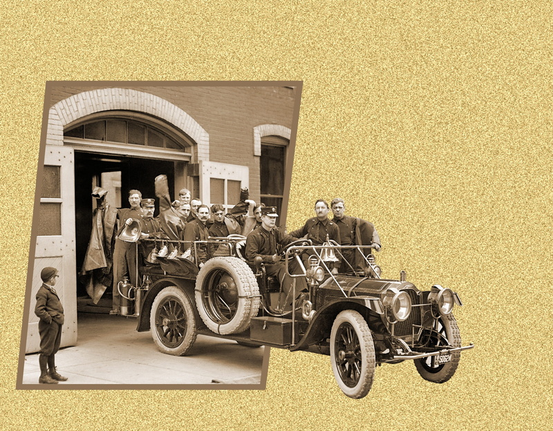 day, indoors, wheel, transportation, mode of transportation, land vehicle, Antique, street scene, city, 1911 packard fire truck, yellow, out-of-bound effect