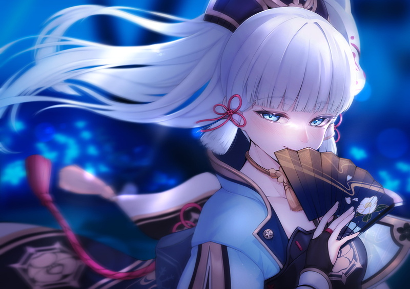 1080P, depth of field, blue eyes, Ayaka Kamisato, necklace, Genshin Impact, long hair, anime girls, blonde, anime, looking away, hand fan