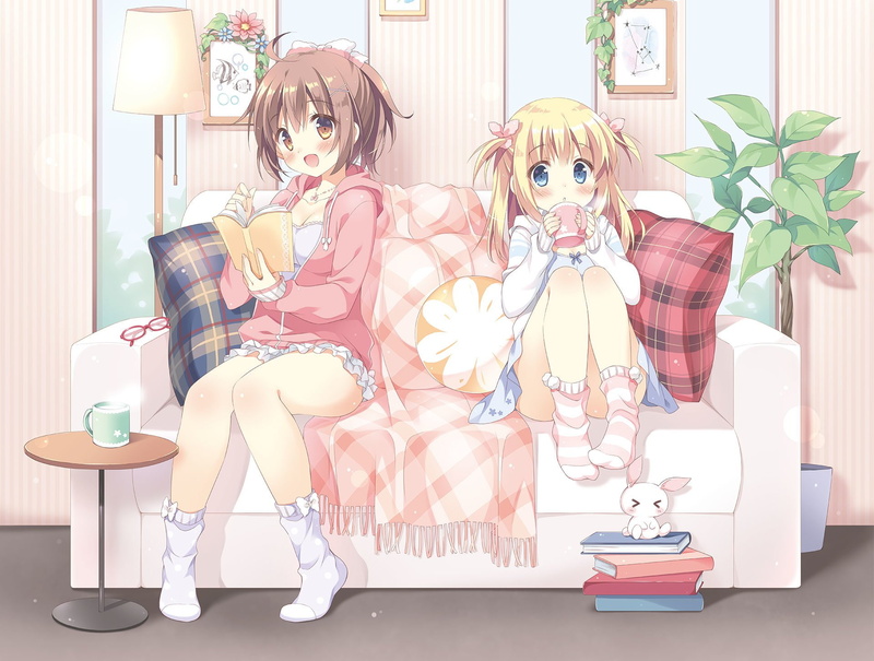 Stuffed Animal, Anime, Cup, Blonde, Glasses, Table, Dress, Brown Hair, Book, Short Hair, 1080P, Girl, Blue Eyes, Blush, Couch, Socks, Original
