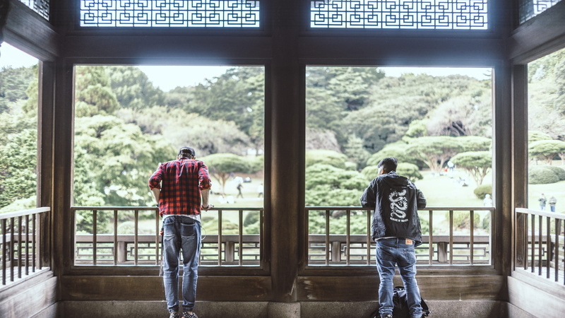 shinjuku gyoen national garden, plant, indoors, real people, street, shinjuku, togetherness, leisure activity, men, window, women, glass - material, park