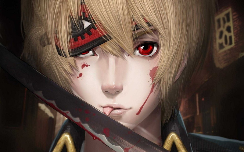 human body part, fear, headshot, 1080P, hair, women, looking at camera, human face, evil, blond hair, bangs, close-up, horror, manga, Okita Sougo, hairstyle