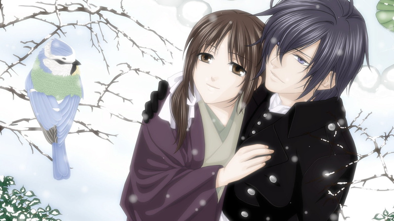 bird, snow, hakuouki shinsengumi kitan, chizuru yukimura, 1080P, girl, tree, winter, saito hajime, man, couple