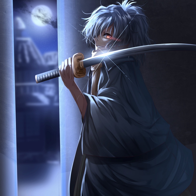 adult, holding, illuminated, sword, skill, weapon, playing, hairstyle, assassin, performing arts event, clothing, fate koha ace, moon, musician, 2K, indoors