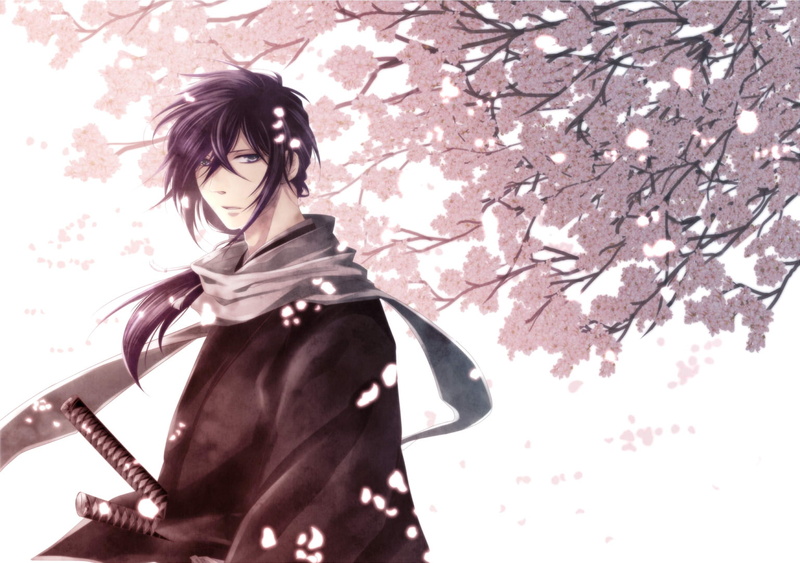 kitan, male, weapon, purple, hajime, saitou, shinsengumi, cherry, 720P, blossoms, sword, hair, eyes, ponytail, japanese, hakuouki, clothes, blue