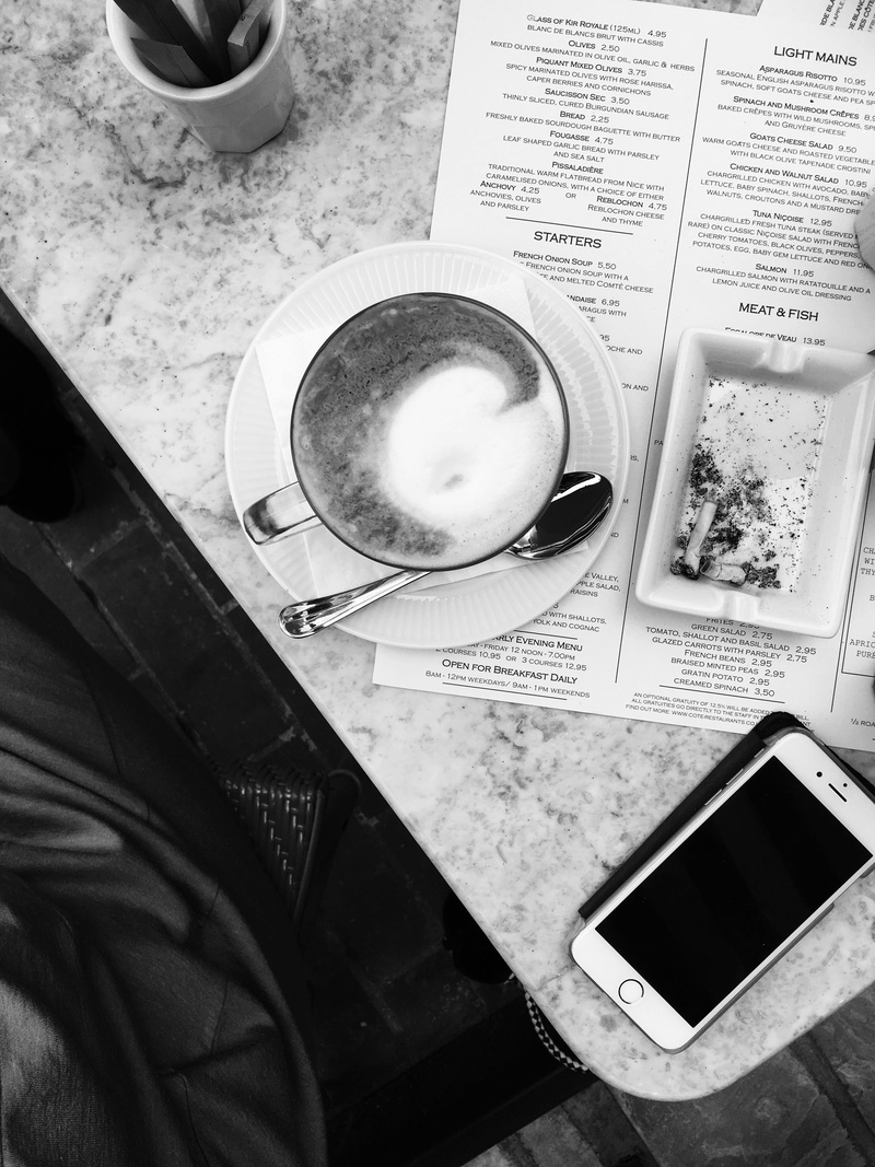 still life, dark, nicotine, saucer, spoon, technology, ashtray, wireless technology, iphone, connection, high angle view, communication, black-and-white