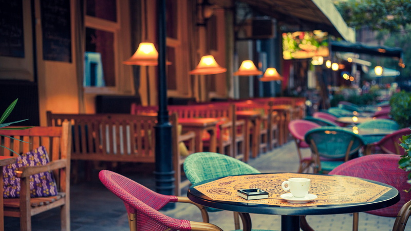 4K, chair, setting, terrace, cup, place setting, food and drink, harmony, table, seat, coffee, focus on foreground, no people, mood, architecture, illuminated
