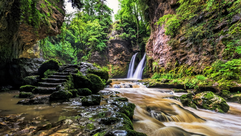 dreamy, stream, nature, veyron, beautiful, rocky, canyon, 4K, waterfall, tine de conflens, tree, landscape, body of water, stairs, la sarraz, water, venoge