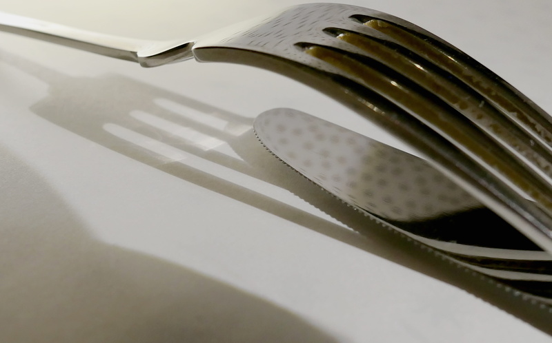 silver colored, still life, studio shot, close-up, cutlery, shadow, tine, fork, simplicity, kitchen utensil, knife, household equipment, heart, two objects