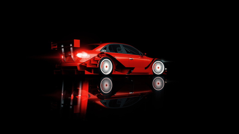 copy space, Audi DTM, indoors, Audi, illuminated, black background, front view, motor vehicle, dark, 1080P, retro styled, digital art, close-up, red, vintage car