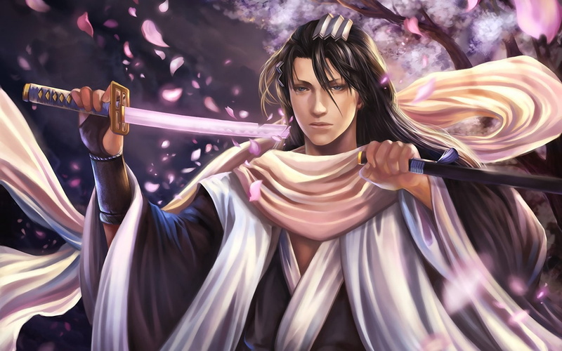 byakuya, bleach, kuchiki, art, fan, petals, 720P, flower, zanpakuto