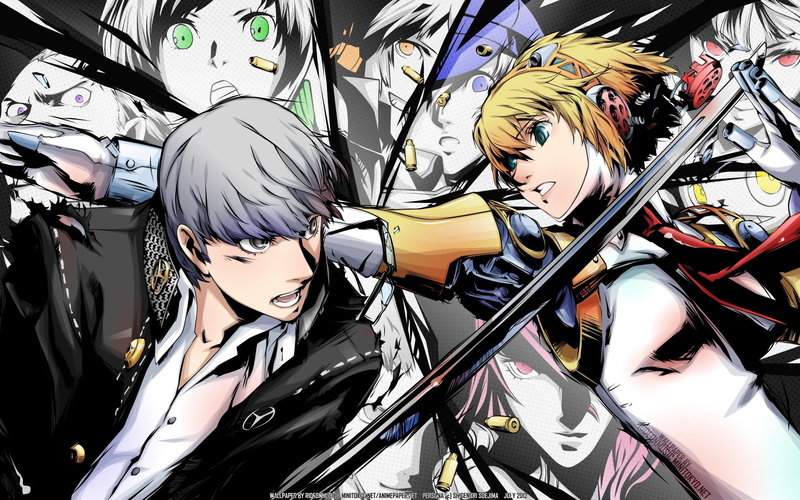 art, tie, blue, hd, pink, hair, katana, fight, persona, blondes, games, girl, weapons, eyes, headphones, 1080P, series, gre, video, people