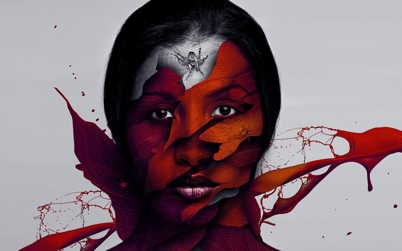 evil, disguise, paint, portrait, representation, squirt, hair, creativity, studio shot, red, web, white background, human face, figure, digital composite