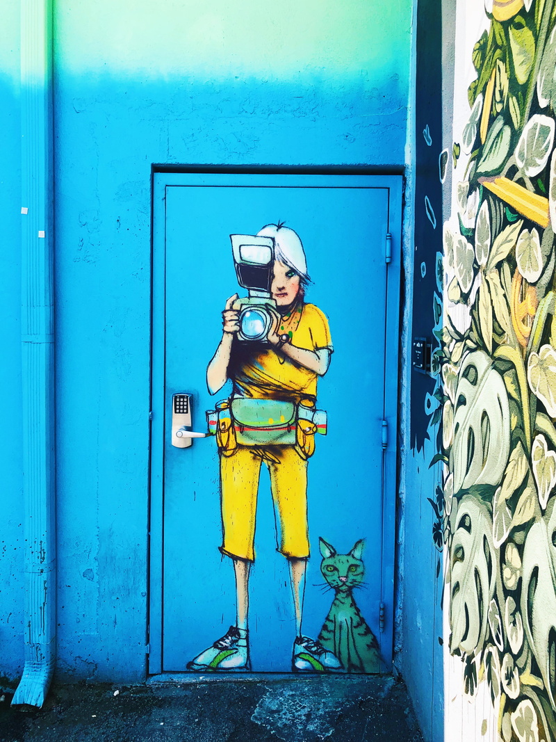 door, wynwood walls, miami, architecture, colors, clothing, walls, human, safety, protection, wall, yellow, sidewalls, blue, standing, art, 4K, naomitamar