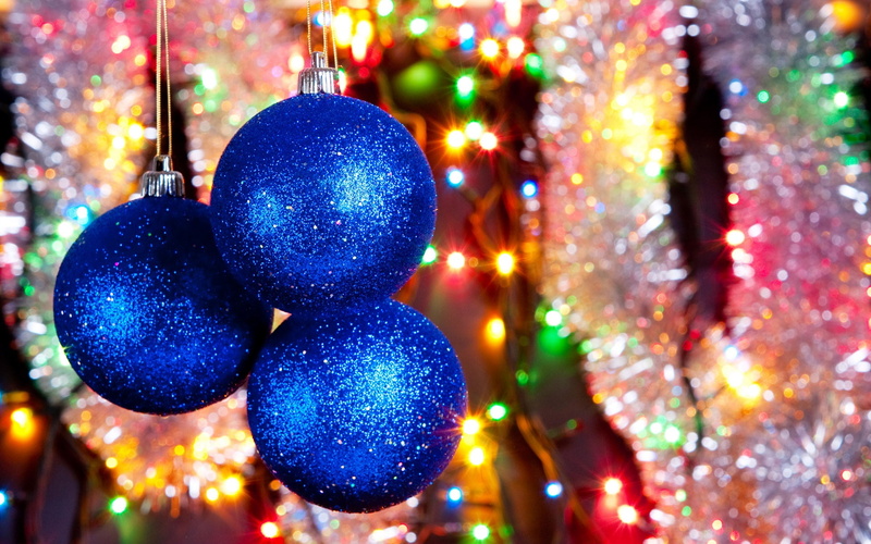Christmas, Lights, balls, baubles, three, Blue, Ball, 1080P