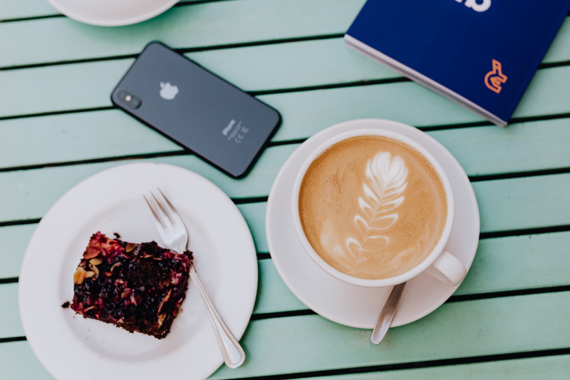 food and drink, wireless technology, eating, food, latte, indoors, directly above, 4K, drink, still life, coffee - drink, crockery, technology, time, refreshment