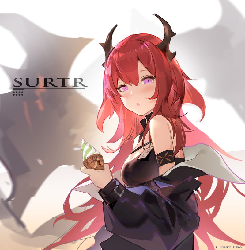 horns, Arknights, anime, 720P, redhead, Kuhnowushi, portrait display, anime girls, Surtr (Arknights)
