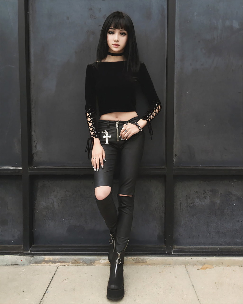 boots, long hair, women, urban, alt girls, black clothing, model, choker, 720P, standing, leather pants, dark hair, belly