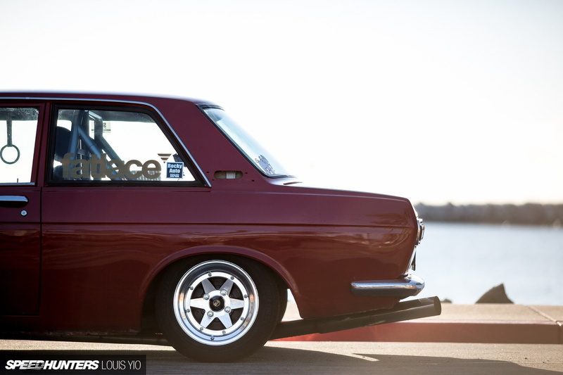 red, Datsun, transportation, stationary, fatlace, lake, day, sky, land vehicle, car, outdoors, motor vehicle, sunlight, water, 510, wheel, nature, clear sky