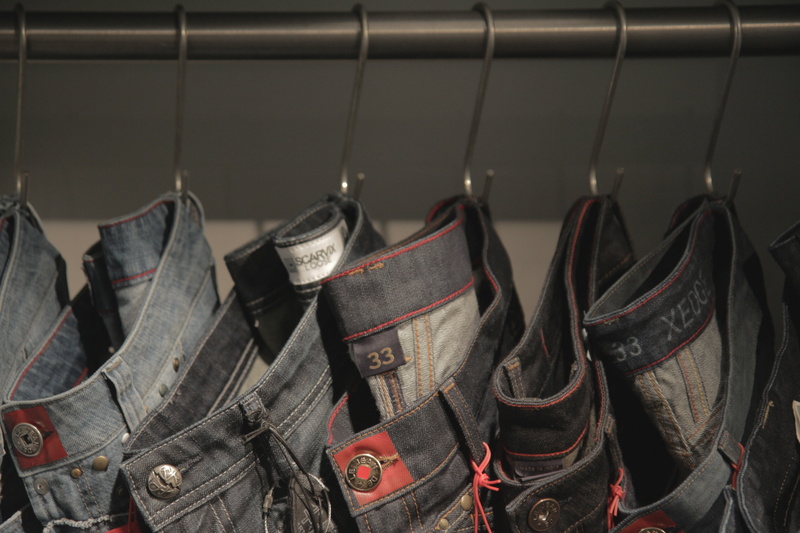 leather, hanging, large group of objects, selective, choice, arrangement, texture, cloth, jeans, coathanger, denim, photography, close-up, day, for sale