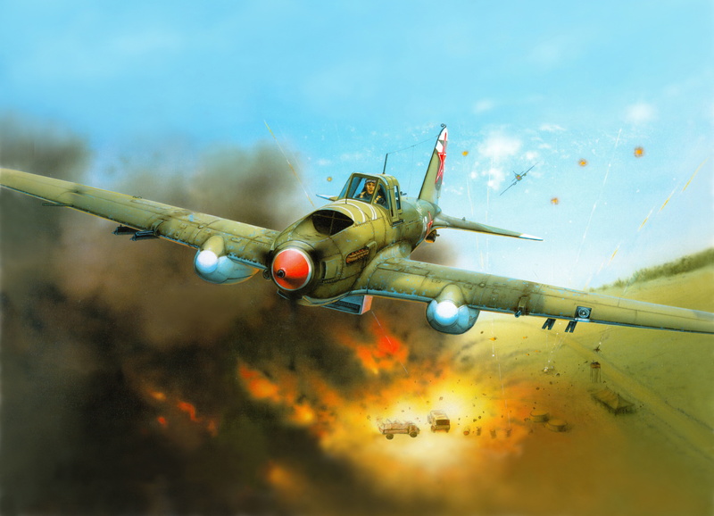 transportation, army, 8K, avtobronetehnika, airplane, figure, motion, IL-2M, mode of transportation, on the move, smoke, no people, attack, the plane