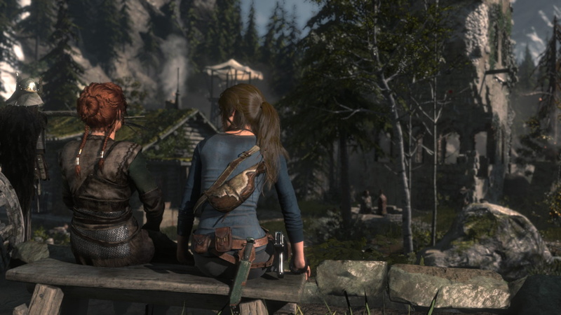 talking, town, redhead, Lara Croft, sitting, Rise of the Tomb Raider, rear view, 1080P, brunette