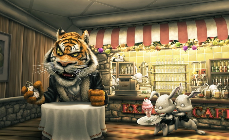 indoors, mammal, Artistic, no people, Tiger, choice, Fantasy, feline, rabbits, variation, beside, 1080P, one animal, waiter, for sale, large group of objects