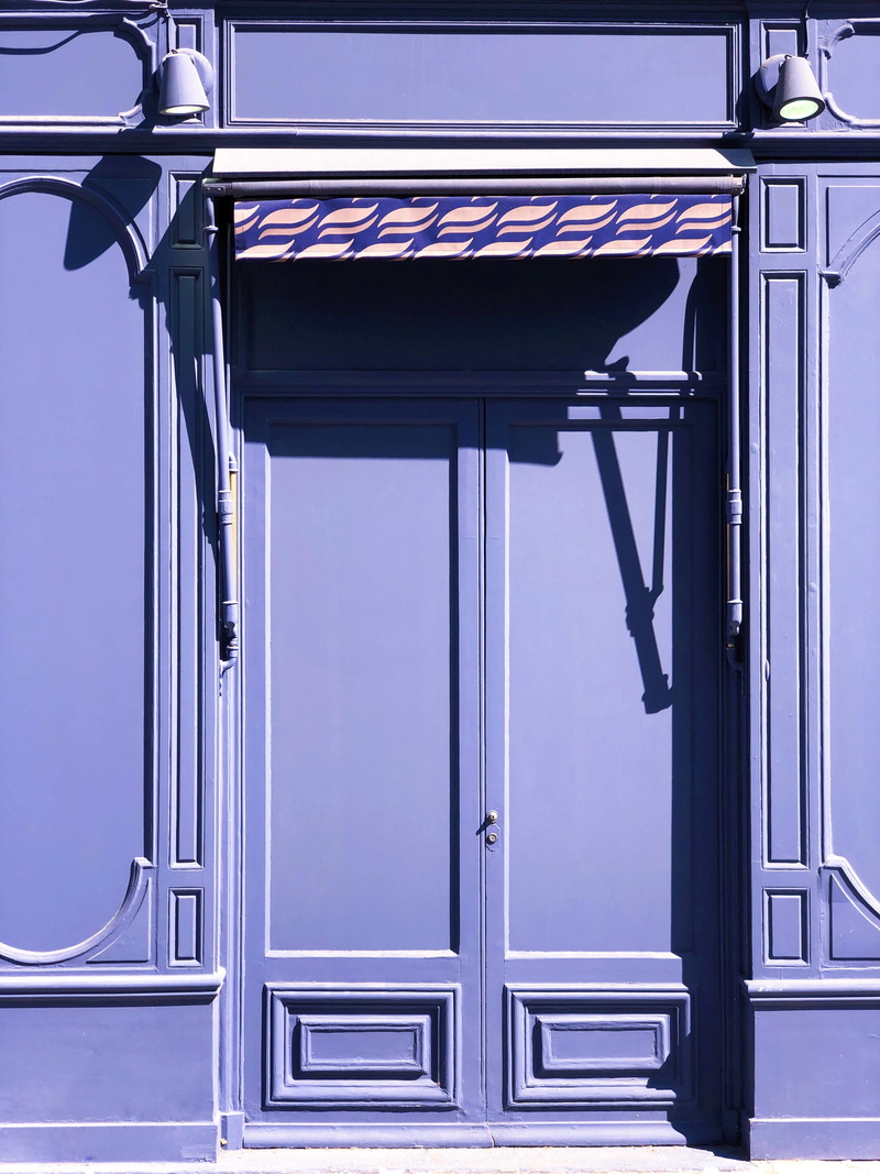porch, metal, paris, wall, building exterior, building, connection, door, abstract, closed, entrance, architecture, blue, sky, contrast, minimal, purple