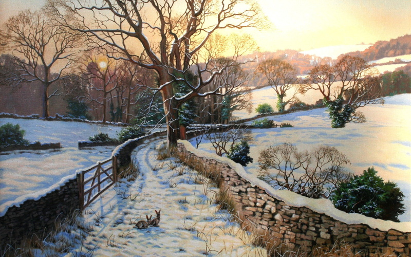 animals, picture, snow, rabbits, desktop, drawings, 2K, fences, winter, hares, for