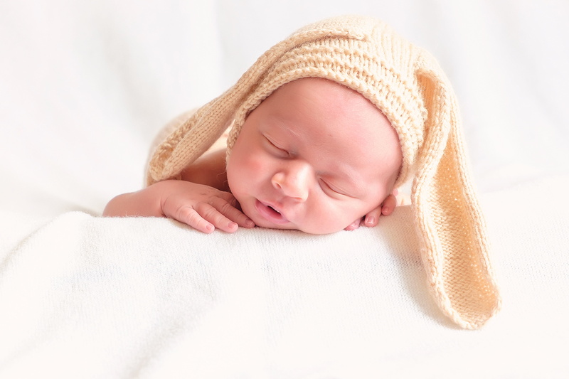 baby, innocence, 4K, indoors, child, bunny, relaxation, hat, childhood, sleeping, eyes closed, newborn, blanket, beige, cozy, body part, human body part