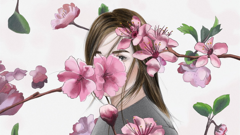 pink color, vulnerability, plant, flower head, album covers, brown hair, close-up, nature, one person, freshness, white background, indoors, hairstyle
